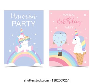 Pastel pink blue card with unicorn,head,rainbow,balloon,star and ice cream