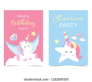 Pastel pink blue card with unicorn,wing,head,rainbow,star,diamond and cloud