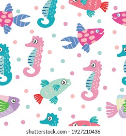 Pastel Pink And Blue Color Fish With Seahorse Seamless Pattern On White Background For Wallpaper, Packaging And Textile. Aquatic Colorful Animals Endless Fabric Flat Vector For Bag And Bedsheet.