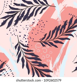 Pastel pink blue coral brush stroke pattern with tropical leaves.Beach floral jungle palm texture. Fashion pastel bohemian background