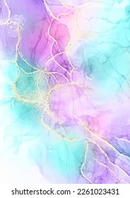 Pastel pink and blue hand painted alcohol ink background with gold glitter