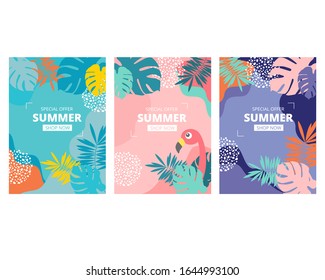 Pastel pink blue purple tropical summer beach sale poster background with monstera and palm leaves