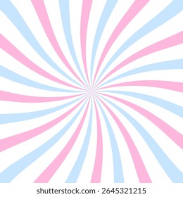 Pastel pink and blue radial burst background with twisted stripes. Cute sunburst pattern for baby shower, gender reveal, kawaii aesthetic, or social media design. Vector illustration.