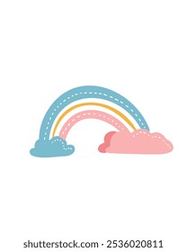 Rosa pastel y arco iris azul con nubes redondeadas, ilustración minimalista y juguetona para la decoración de la guardería