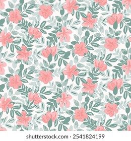 Flores pintadas brillantemente de color rosa pastel con hojas de color verde oscuro y claro que crean un hermoso lecho de flores sobre fondo blanco. Un patrón de Vector sin costuras. Ideal para la decoración del hogar, tela, Fondo de pantalla, giftwrap.