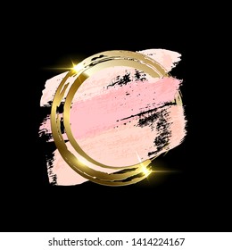 Pastel pink brush strokes with golden brush ring isolated on black background. Vector design element
