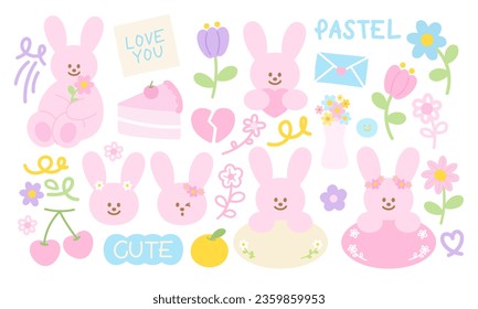 Pastel pink bunny and flowers for cute element decorations, sweet sticker, animal tattoo, pet logo, social media post, poster, print, ads, cartoon character, comic, banner, etc.