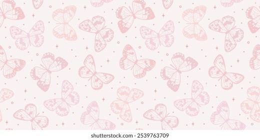 Pastel pink butterfly background, cute seamless vector repeat pattern with stars, spring wallpaper