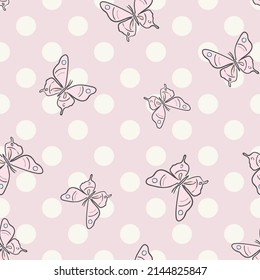 Pastel pink butterfly vector pattern seamless repeat background. Butterfly pattern with dots.