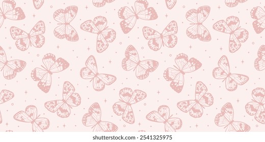 Patrón de Vector de mariposa rosa pastel, azulejo de fondo repetido sin costuras, diseño de Fondo de pantalla lindo, ilustración de primavera mágica, Horizontal