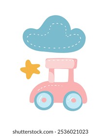 Pastel pink car with a light blue cloud above, drawn in a gentle and whimsical style for kids’ decor