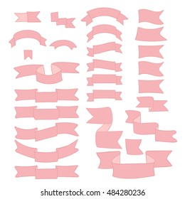 Pastel pink cartoon ribbons, big set of hand drawn design elements: flag, banner, label, mark isolated on white. Ribbon with empty space for title writing. Doodle collection. Vector.