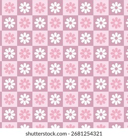 Diseño de patrón transparente de tablero de ajedrez rosa pastel con lindas flores rosas y blancas