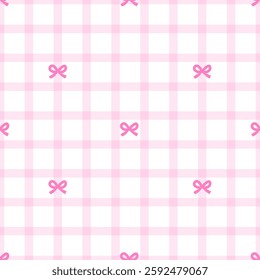 Pastel pink checkered pattern with bows, Cute Pink Gingham Checkered Seamless Pattern with Bows for Feminine and Playful Designs