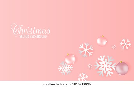 Pastel pink Christmas minimal background wallpaper. Decoration snow flakes and christmas ornament ball. 3D realistic vector illustration