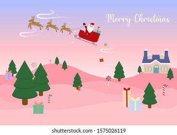 Pastel pink Christmas mountain landscape and Santa Claus with Reindeer Sleigh and Trailer 