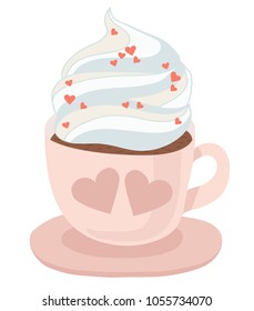 Pastel pink coffee cup with saucer, hot coffee or chocolate with whipped cream steam. Vector isolated illustration on white background