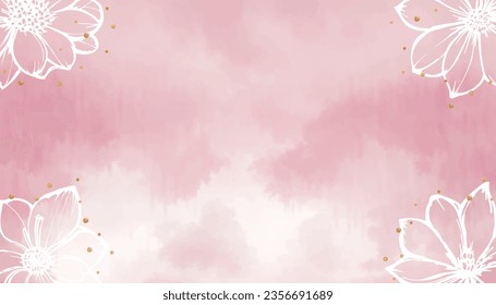 Pastel pink color watercolor background with line art sketch hand-drawn flower. Watercolor pinkish background with flowers outline drawing and gold glitter around them.