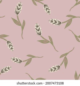 Pastel pink colored seamless pattern with beige ear of wheat elements print. Hand drawn nature harvest backdrop. Graphic design for wrapping paper and fabric textures. Vector Illustration.