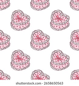 Pastel pink, Coquette pattern on white background with Vintage Cake. Vector hand drawn Seamless Pattern. Trendy print for yours designs