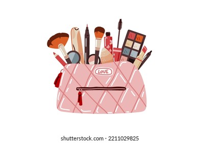 Pastel pink cosmetic bag or pouch with variety of beauty products on white background.Brushes for makeup,eye shadows,lipstick,liner with beauty blender and mascara.Cartoon flat vector illustration