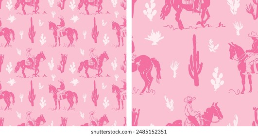 Pastel Pink Cowgirl Western Cowboy Desert Cactus Cute Hand Drawn Vector Illustration Seamless Pattern