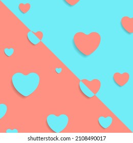 Pastel pink and cyan contrast hearts abstract background. Valentines Day greeting card design. Vector illustration
