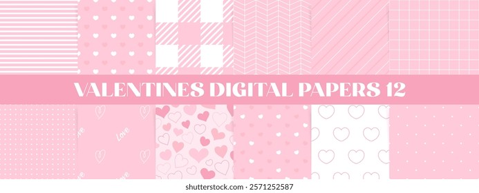 Pastel pink Valentine’s day seamless patterns set. Cute romantic heart backgrounds, striped and dotted designs. Love-themed digital papers collection.