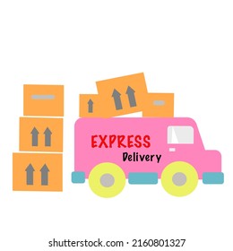 Pastel pink delivery trucks carry cargo boxes to deliver to customers.