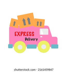 Pastel pink delivery trucks carry cargo boxes to deliver to customers.