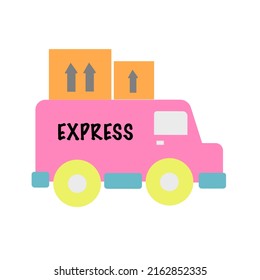 Pastel pink delivery trucks carry cargo boxes to deliver to customers.