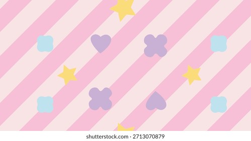 Patrón de rayas diagonales de color rosa pastel con Formas de estrellas y corazones, creando un fondo decorativo suave adecuado para manualidades, papelería y proyectos de diseño.