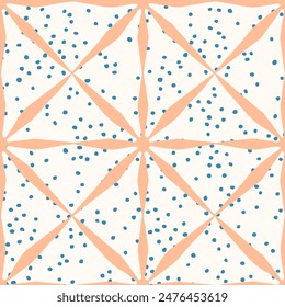 Pastel pink diamond tile diagonal grid and blue polka dot abstract seamless pattern. Hand drawn coral triangle mosaic on a speckled cream background. Light and neutral minimalist geometric print.