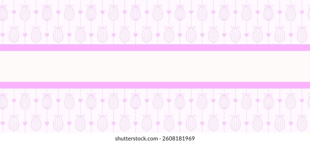Pastel pink Easter banner with seamless egg pattern and hearts. Light and elegant design for greeting cards, web headers, invitations and seasonal wrapping