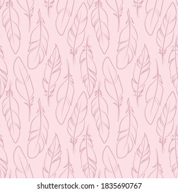 Las plumas rosadas pasteles se repiten sin inconvenientes en el fondo vectorial del patrón. Patrón elegante y cuidado perfecto para tela o papel de envoltura.