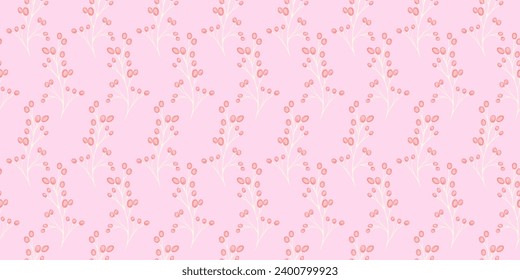 Ramas de bayas femeninas rosadas con gotas, puntos, patrón sin costura. Esbozo de dibujo con la mano del vector. Simple, gentil, lindo, con la impresión de fondo. Diseño de moda, tela, papel pintado.