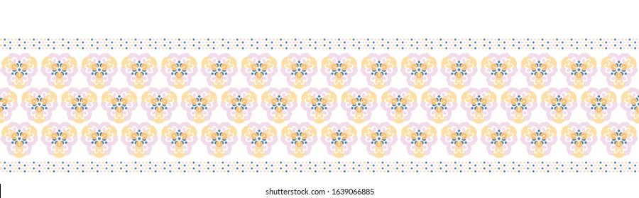 Pastel pink floral pansy stripe vector border background. Kitchen linen off white seamless banner pattern. Hand drawn feminine floral interior washi masking tape ribbon. Pretty spring summer edge.
