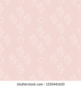 Pastel pink floral seamless pattern with white branches and circles. Vector illustration of repeat dodle plant background for wallpaper, cover, print, textile, scrapbook, wrapping paper, card design