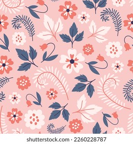 Pastel pink floral seamless pattern. Cute hand drawn folklore repeat vector illustration. Traditional motif with soft wildflower leaves, fern leaf, tulip, branches and twigs