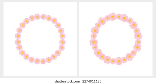 Pastel Pink Floral Vector Illustration. Round Wreath made of Light Pink Daisy Flowers on a White Background. Delicate Floral Frame ideal for Card, invitation, Greetings. Pink Flowers Design. No text.