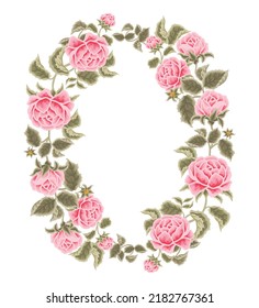 Pastel pink floral wreath vector illustration with roses, peony, green leaf branches for wedding stationary, greeting card decoration, feminine posters, beauty elements isolated on white background