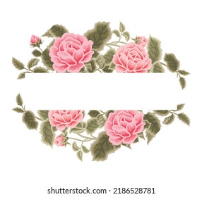 Pastel pink flower frame vector illustration with roses, green leaf branches for wedding stationary, greeting card decoration, feminine and beauty elements isolated on white background