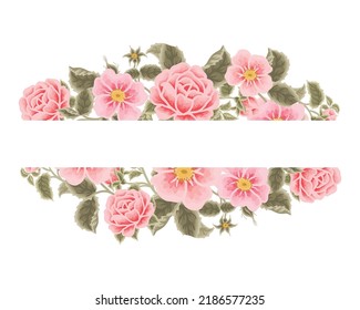 Pastel pink flower frame vector illustration with roses, green leaf branches for wedding stationary, greeting card decoration, feminine and beauty elements isolated on white background