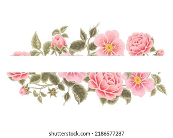Ilustración vectorial del marco de la flor rosa pastel con rosas, ramas de hojas verdes para el papel de la boda, decoración de tarjetas de saludo, elementos femeninos y de belleza aislados en fondo blanco