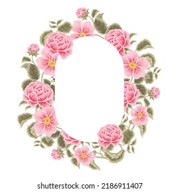 Pastel pink flower frame vector illustration with roses, green leaf branches for wedding stationary, greeting card decoration, feminine and beauty elements isolated on white background