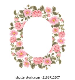 Pastel pink flower frame vector illustration with roses, green leaf branches for wedding stationary, greeting card decoration, feminine and beauty elements isolated on white background