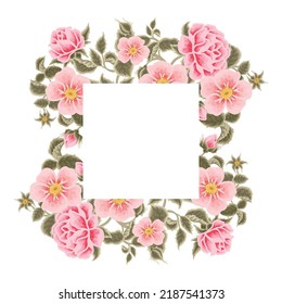 Pastel pink flower frame vector illustration with roses, green leaf branches for wedding stationary, greeting card decoration, feminine and beauty elements isolated on white background