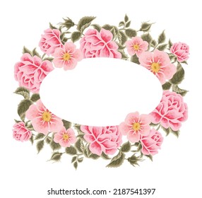 Ilustración vectorial del marco de la flor rosa pastel con rosas, ramas de hojas verdes para el papel de la boda, decoración de tarjetas de saludo, elementos femeninos y de belleza aislados en fondo blanco
