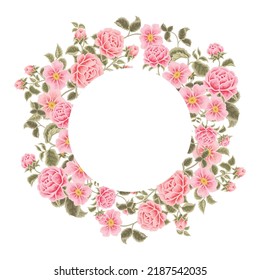 Pastel pink flower frame vector illustration with roses, green leaf branches for wedding stationary, greeting card decoration, feminine and beauty elements isolated on white background
