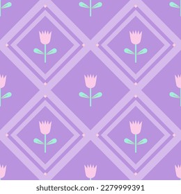 Pastellrosa Blume; Tulip ist Mitte violett süß in quadratischem, nahtlosem Muster. Design für Küchengeschirr, Geschirr, Glas, Wasserkocher, Schüssel, Schürze, Flasche, Platten, Cup, Jar. Tile Interior. Vektorgrafik.